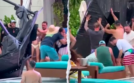 Terrifying scene unfolds as metal cabana frame crashes into packed casino pool area