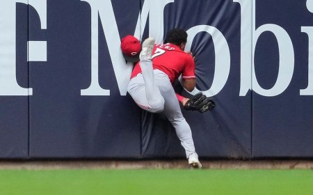 Reds' Dane Myers carted off field after crashing into wall making acrobatic catch vs Brewers