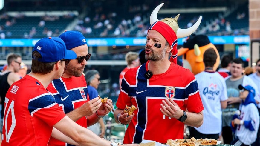 Norwegian World Cup fans turn Citi Field bleachers into a Viking longship during Mets game
