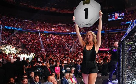 Sophie Cunningham kicks off her shoes and walks the Octagon at UFC 329 as a surprise ring girl