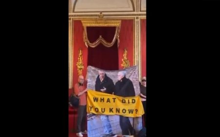 “What Did I Know?” – Protesters Unfurl Massive Photo Of Prince Andrew With Jeffrey Epstein Inside Buckingham Palace Throne Room 