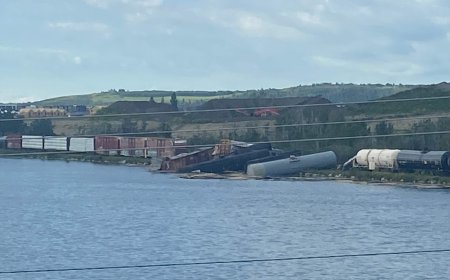 Train derailment in southwest Calgary sends several railcars tumbling into water