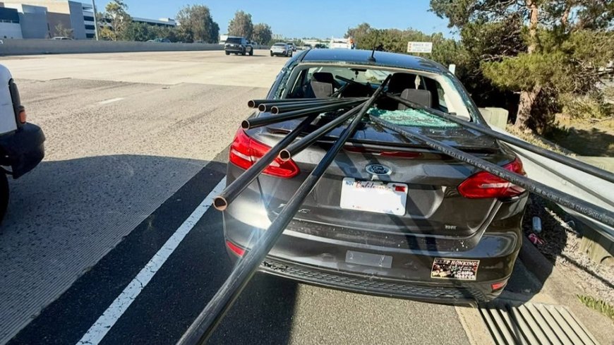 Unsecured metal pipes impale California sedan in terrifying highway crash