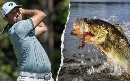 Largemouth bass explodes from water to eat Charl Schwartzel's golf ball at LIV Golf New York