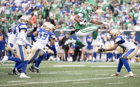 Stevens scores 3 TDs as Riders beat Bombers in OT