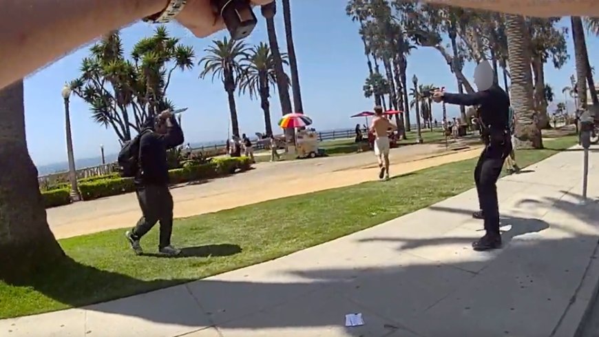 Knife-wielding man races at officer in packed seaside park before one deadly shot rings out: video