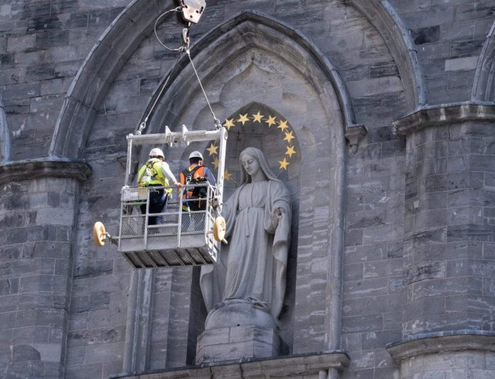 The scaffolding will be removed from the facade of Notre-Dame Basilica in Montreal