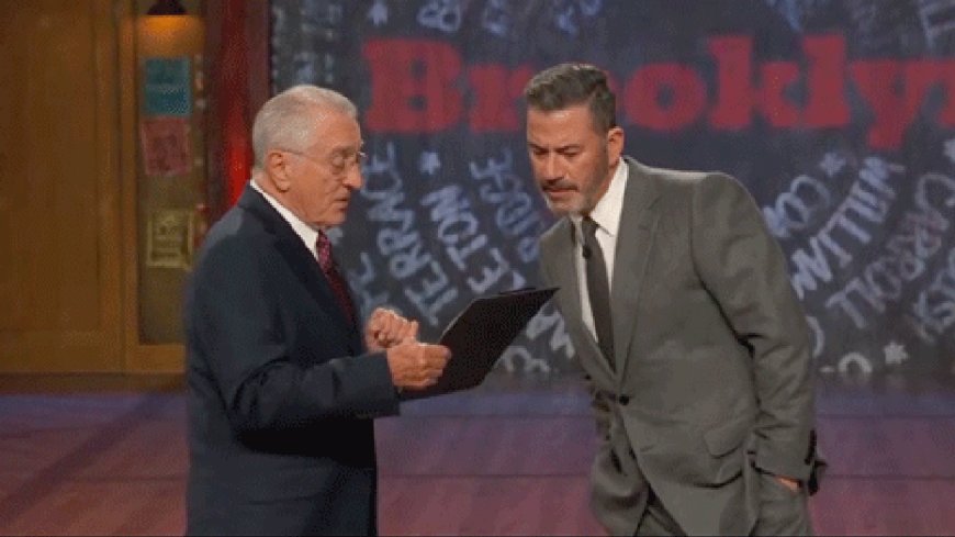 Robert De Niro jokingly prods Jimmy Kimmel with a baseball bat while posing as FCC chair, threatens host